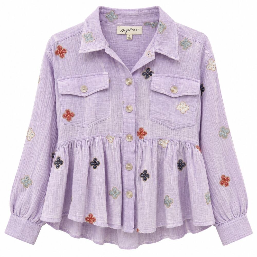 Mystree Embroidered Floral Peplum Blouse Purple Cotton Womens M Cottagecore